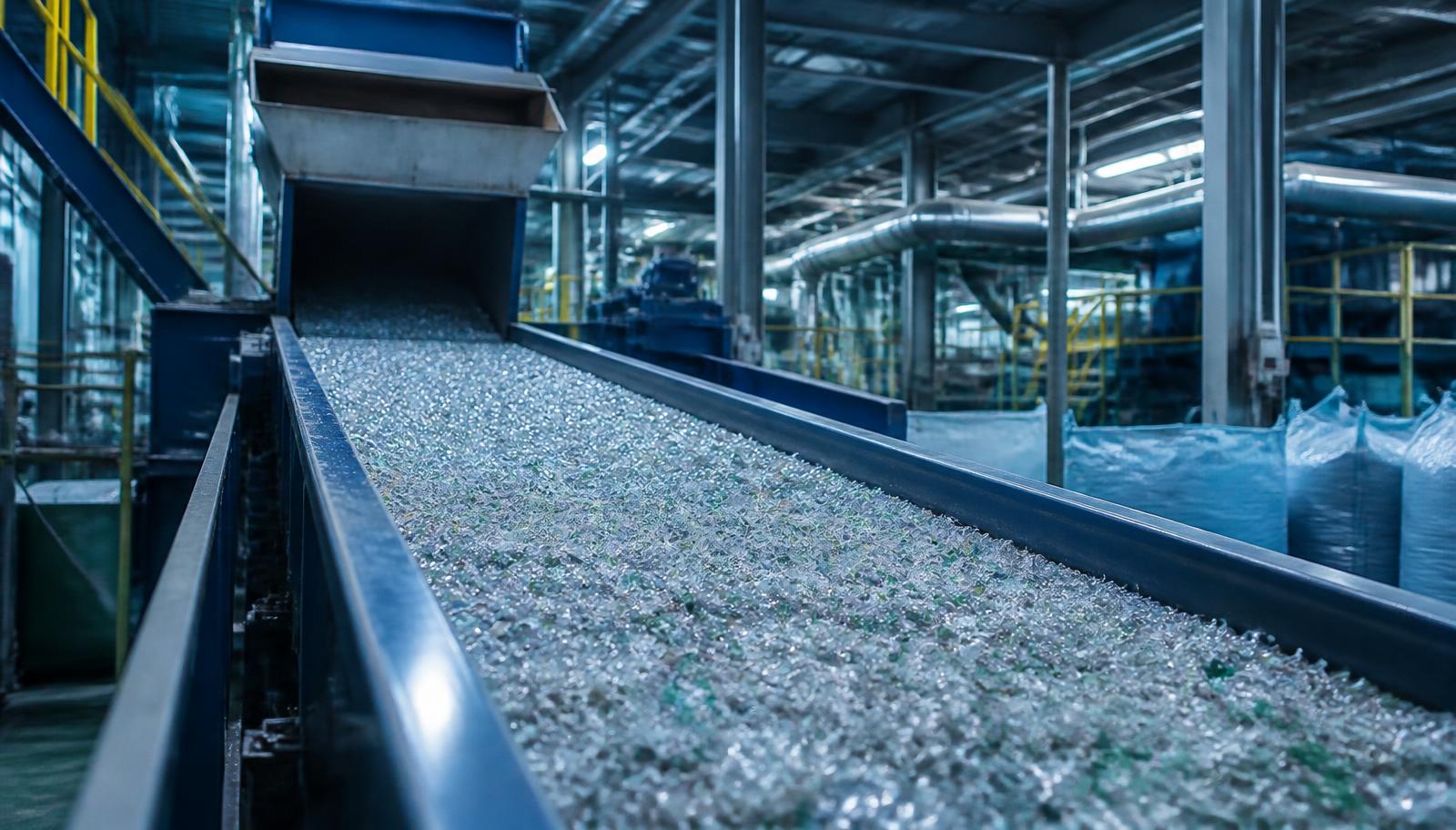 Conveyor of washed clear PET flakes inside a plastics recycling plant